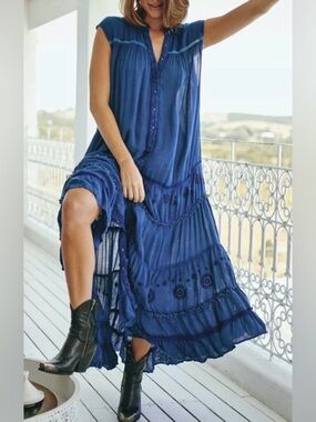 Free People Pretty Cozy Maxi Dress Embroidered Lace Button Front Size XS NWT